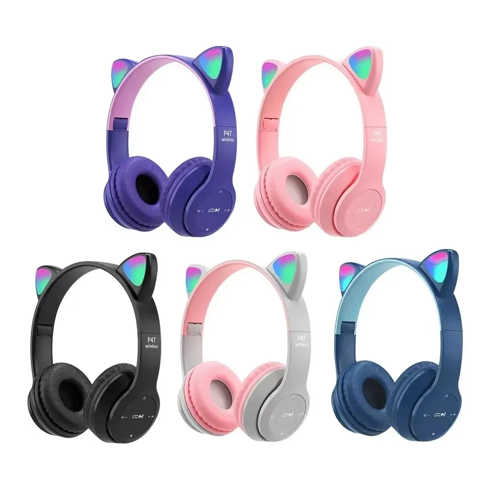 Cute Cat Ear Bluetooth Headphones with LED Wireless Headset Children Girls Stereo Folding Sports Headset with Microphone