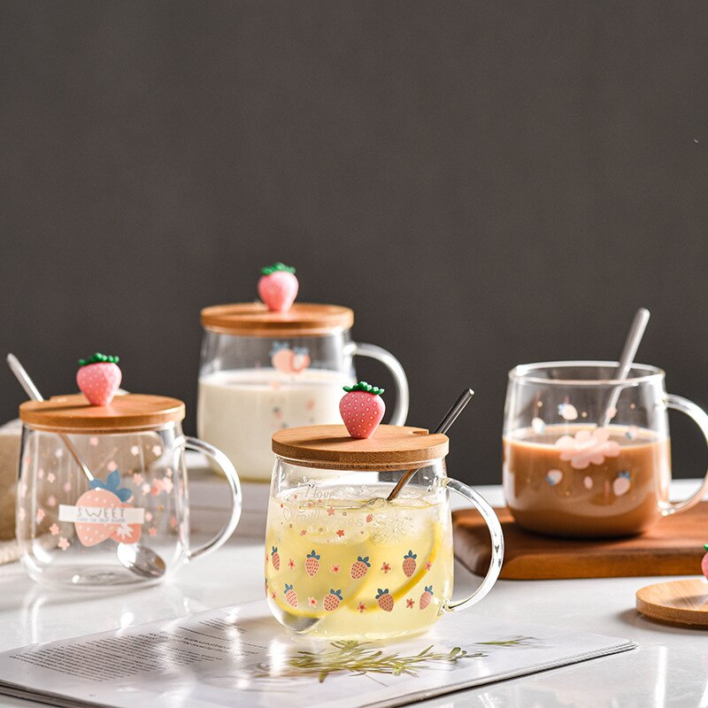 Spoon with lid cartoon strawberry cute water cup transparent cup drinking borosilicate cup coffee milk juice drink cup