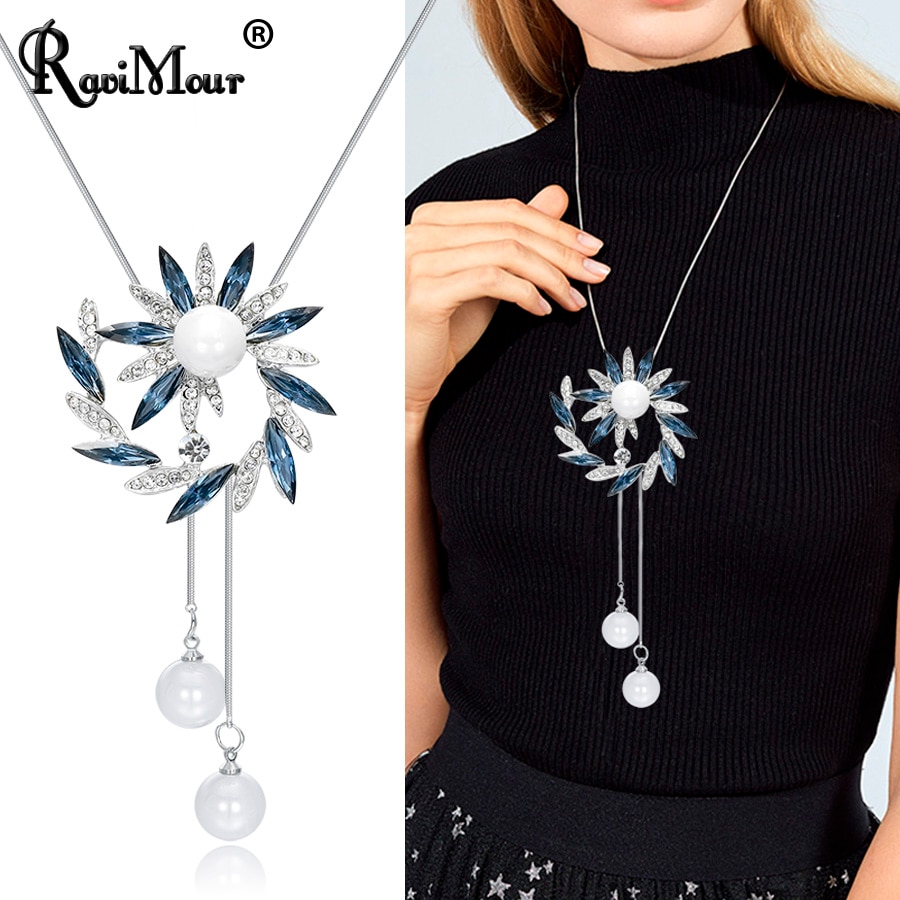 Ravimour Mode Lange Keten Trui Kettingen Voor Vrouwen Blue Opal Rhinestone Bloem Hanger Ketting Vrouwelijke Sieraden