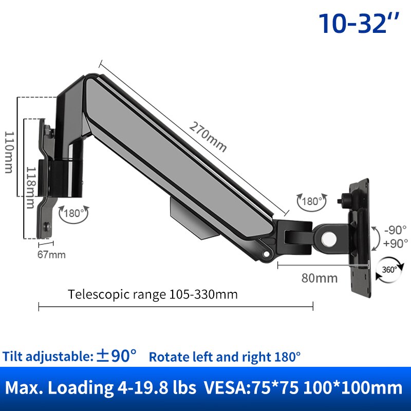 HILLPORT Monitor Stand Game Gas Spring Arm LED LCD TV Wall Mounted 10" -32" Aluminum Alloy Load2-9kgs: Black