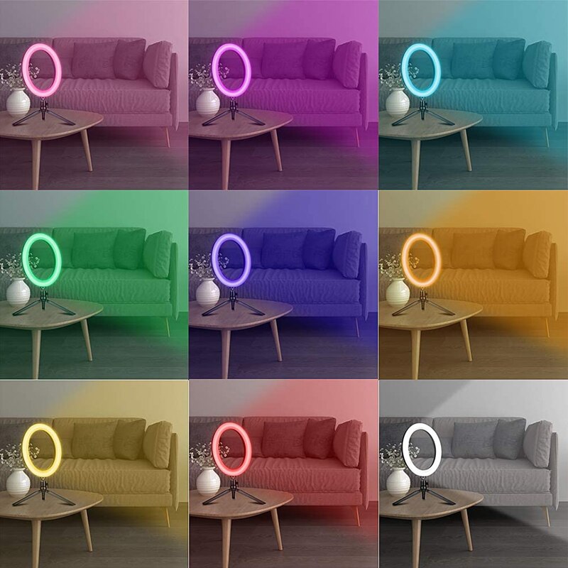 10 '' rgb selfie ring lys med stativ stander og telefonholder dæmpbar led bord cirkel lampe med 10 farver bærbare halo lys