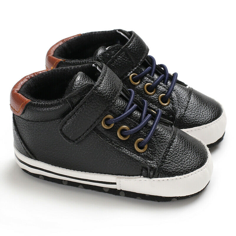 Baby Kids PU Leather Shoes Toddler Boys Girls Soft Crib Shoes Little Baby Faux Leather Sneakers Anti-slip Trainer Footwear Boots: Black / 13-18 Months