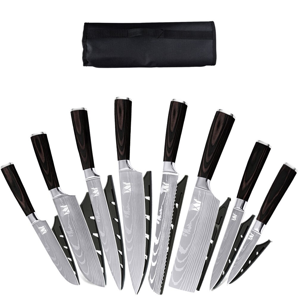 XYj Damascus Pattern Veins Blade Chef Knives Set Stainless Steel Wood Handle Bread Slicing Santoku Utility Knife Cover Sheath