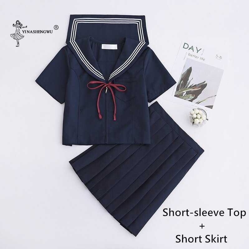 Navy blue JK uniform Autumn Summer Short/long Sleeve Japanese School Uniforms For Girls Sailor Pleated Skirt JK Sets Uniform: 2 Pcs Short-Short / XXL