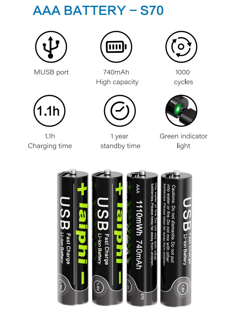 Laiphi-Batería de polímero de litio recargable por USB, Pila de li-ion de alta capacidad, AAA, 1,5 V, 1100mwh