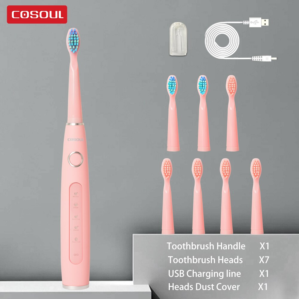COSOUL-cepillo de dientes eléctrico para hombre y mujer, cepillo dental sónico para limpieza, blanqueador, 5 modos, recargable 40000 veces/min, automático, impermeable: Pink5Heads