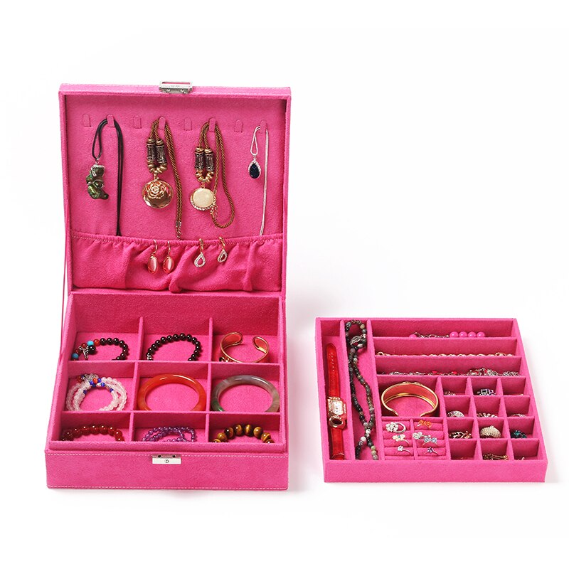 Sieradendoos met dubbele laag flanel in europese stijl, houten koreaanse prinsessenhuis met slotdecoratie, make-up opbergdoos voor vrouwen