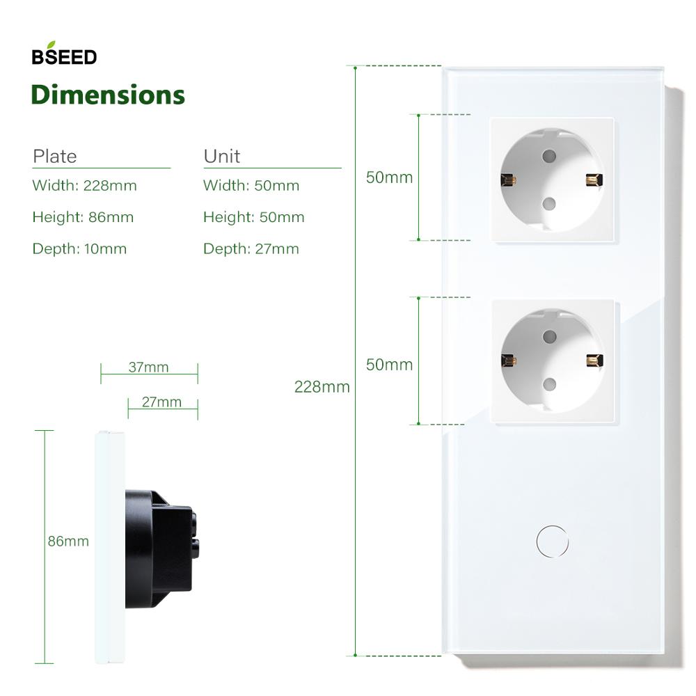 BSEED EU Standard Touch Light Switch 1 Gang 1 Way 2 Way With Wall Socket White Black Gold Wall Switch 228mm Crystal Glass Panel