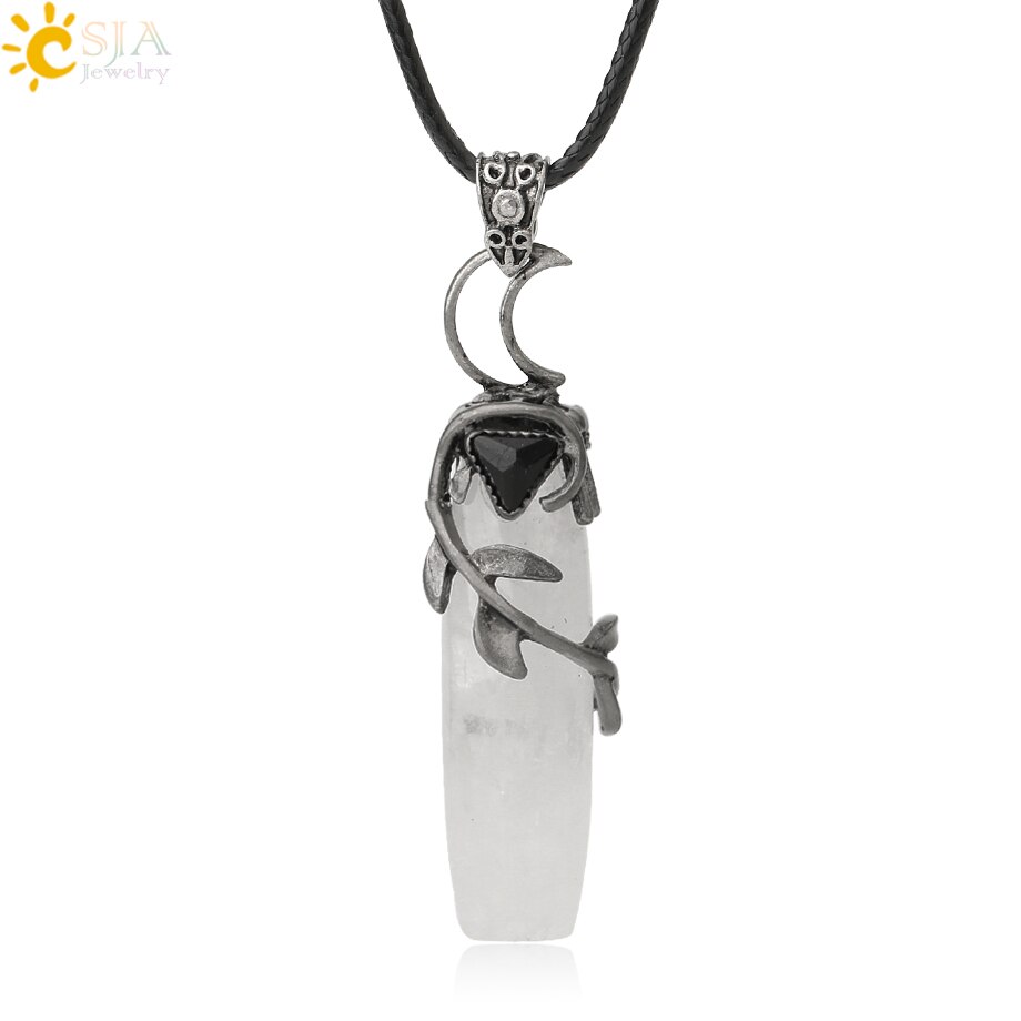 CSJA Antique Silver Color Pendant Necklaces Natural Crystal Stones Leaves Winding Faceted Rectangle Long Pendants Women Men G587: Clear Crystal Rope