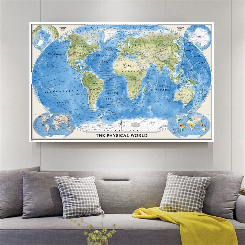 225*150 cm verdenskortet med verdens tektonik og klima stor plakat non-woven lærred maleri hjem dekoration skoleartikler