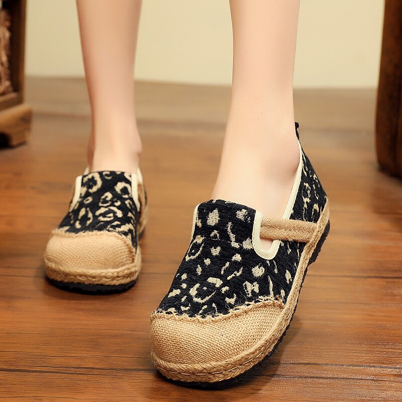 Johnature Lente/herfst Handgemaakte Retro Ronde Neus Luipaard Ondiepe Doek Slip Op Schoenen Voor Vrouwen Linnen Katoen schoenen Platte
