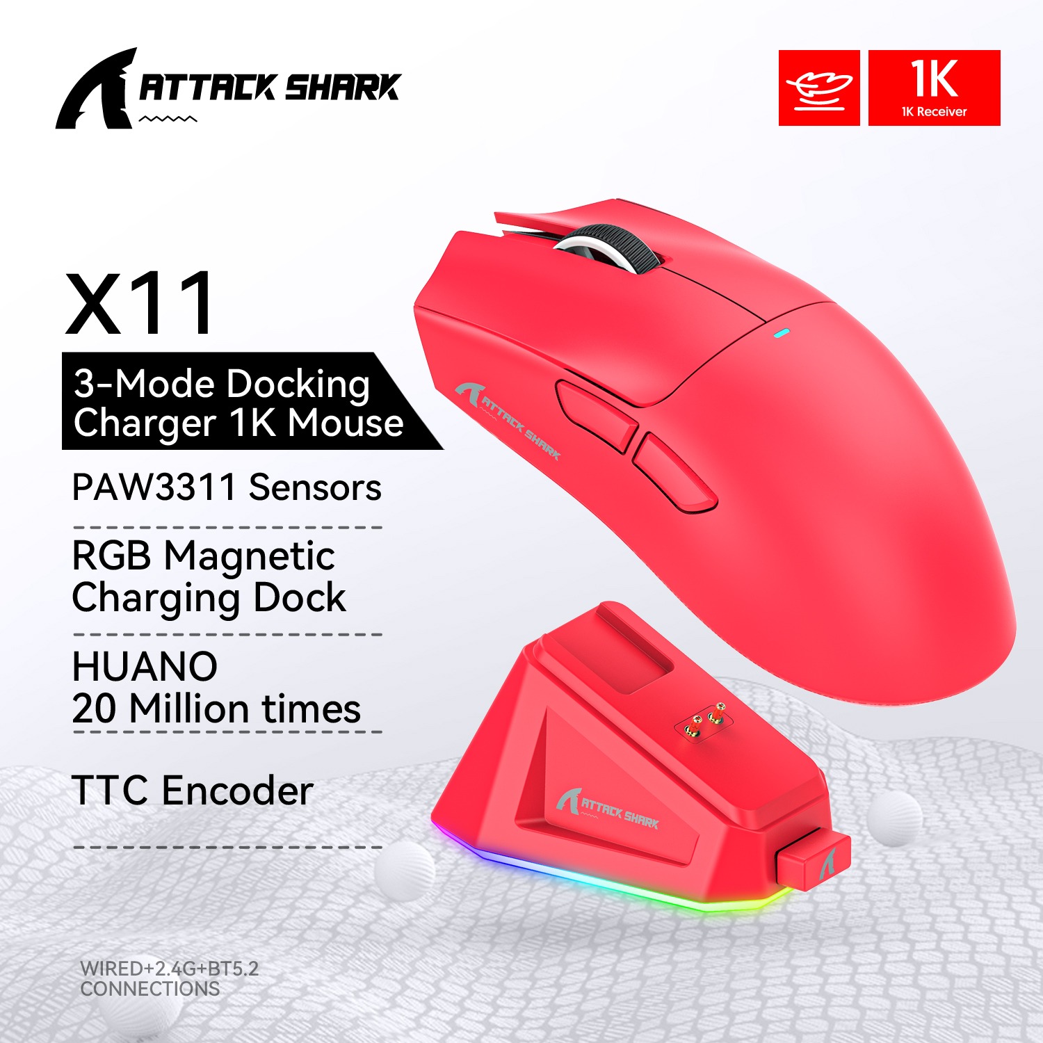 Souris sans fil Attack Shark X11, souris Tri Bluetooth/2.4G/filaire, souris de jeu avec station de chargement magnétique PAW3311 RGB: Orange Rouge