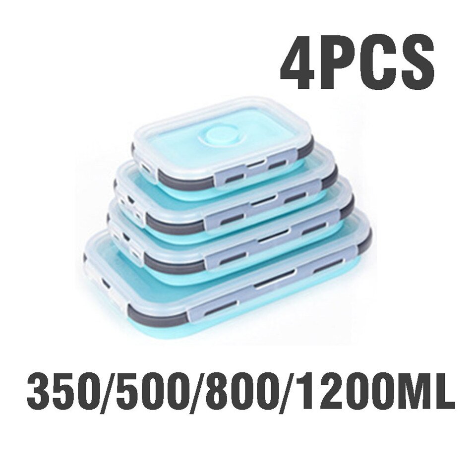 Silicone Lunch Box Set Stackable Bento Food Prep Container Foldable Lunchbox Microwave Dinner Storage Containers Leakproof Fresh: blue B-4pcs