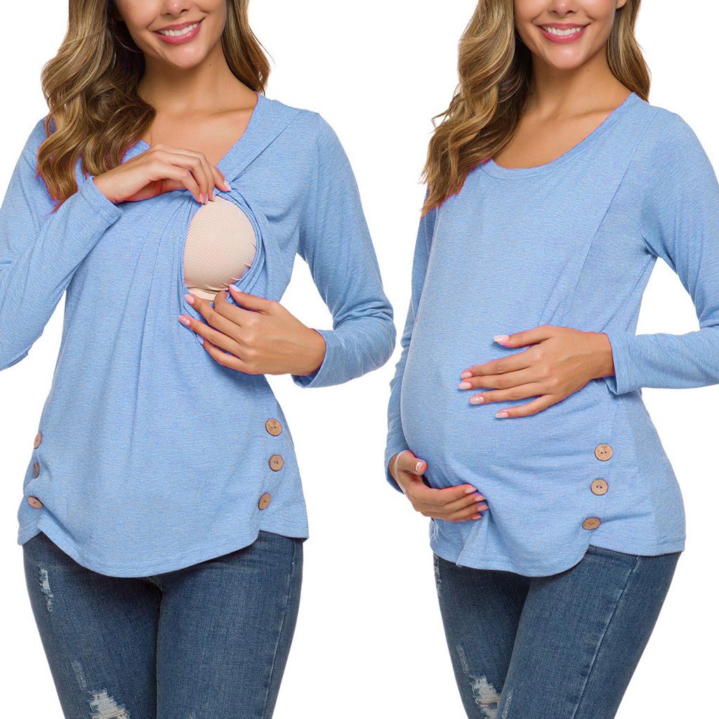 Maternity Blouses And Tops For Pregnant Plus Size Maternity Blouses Side Button Tunic Nursing Winter Breastfeeding Clothes Y99