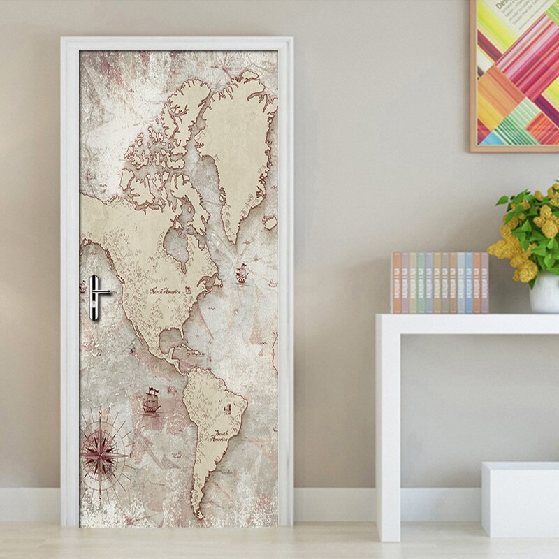 World Map 3D PVC Mural Door Sticker Waterproof Poster Self-Adhesive Study Room Bedroom Map Art Wallpaper Wall Decals Home Decorl: 77x200cm
