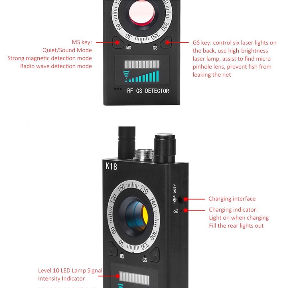 K18 Detector Draadloze Signaal Detector Anti-Sneak Shot Anti-Afluisteren Anti-Monitoring Anti-Gps Locator Privacy bescherming