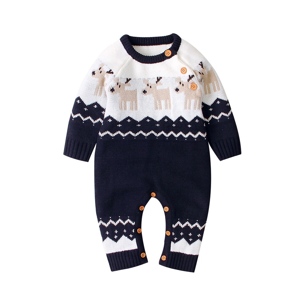 FOCUSNORM Infant Baby Girls Boys Christmas Romper Long Sleeve Elk Pattern Printed Knit Warm Jumpsuit: Navy Blue / 3M