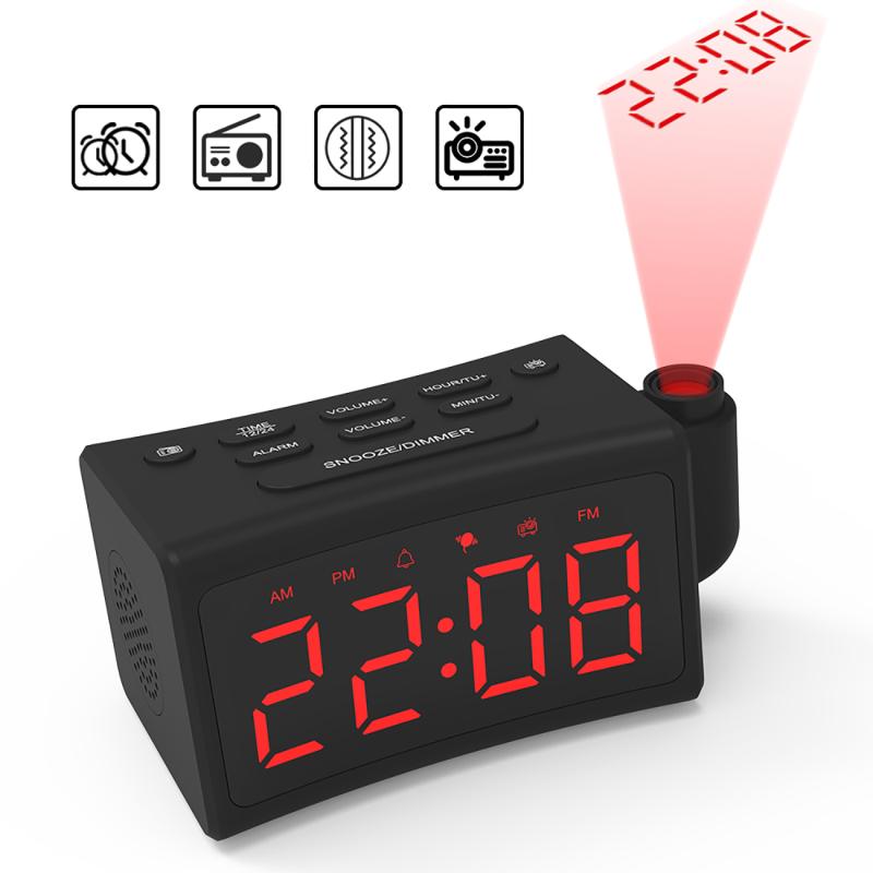 180°Rotating Digital Projection Curved Radio Alarm Clock Radio + Projection + Single Alarm Clock + Vibration for Heavy Sleepers