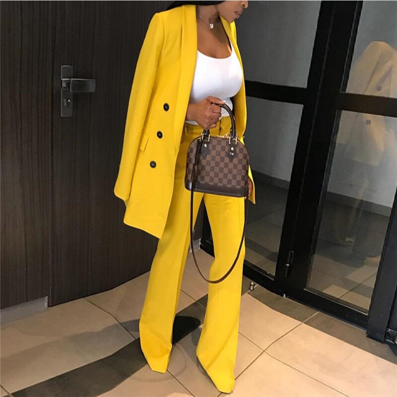 Women's suit jacket spring and summer lapel long sleeve double-breasted suit jacket yellow jacket