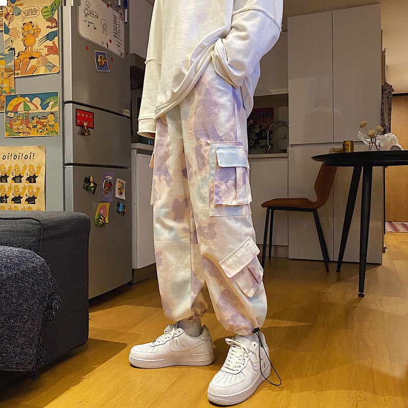 Pantalones Tie-dye con bolsillos para hombre, Pantalón Cargo, informal, holgado, coreano, Hip-hop, recto ancho, pantalón para hombre