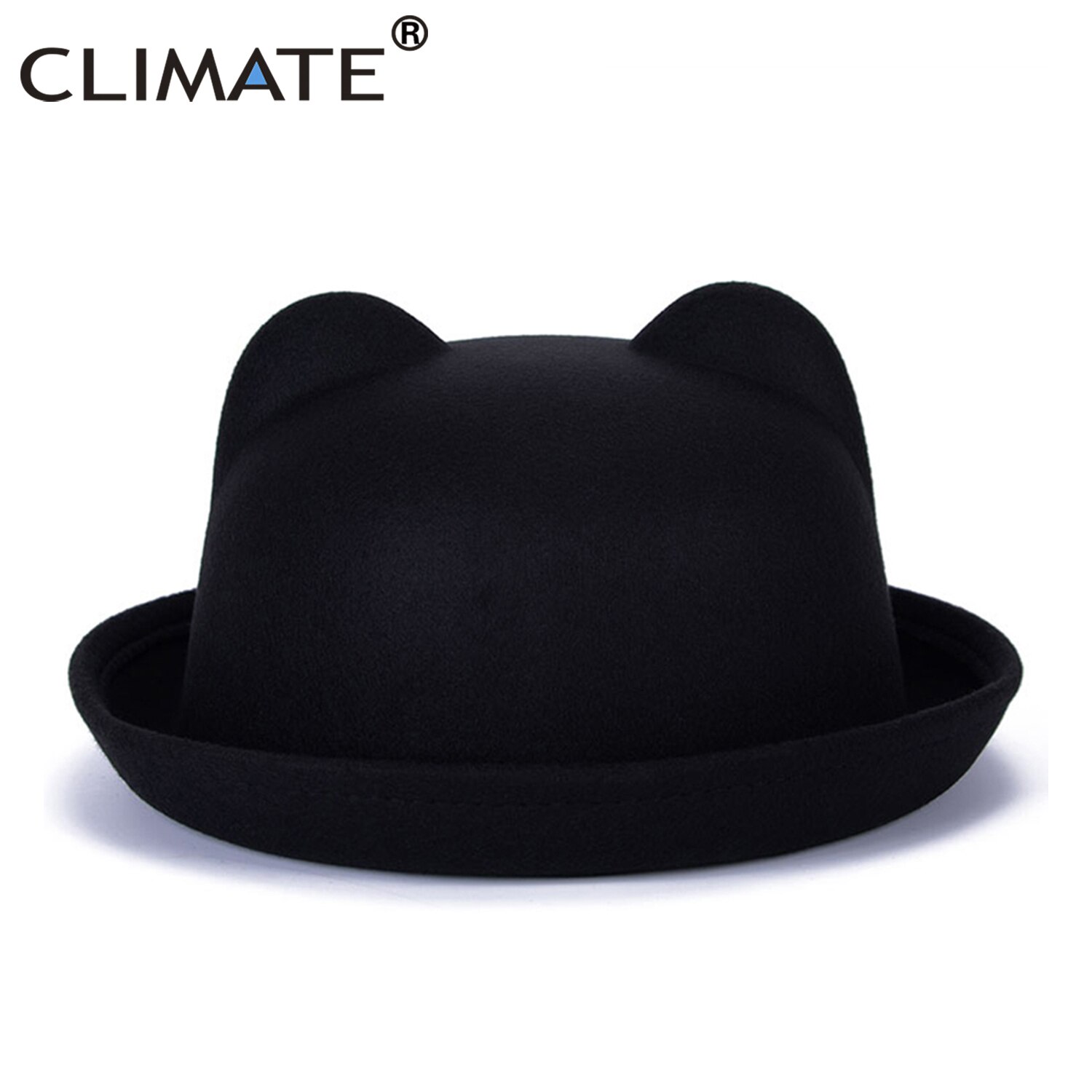 CLIMATE-Sombrero de fieltro con orejas de gato para mujer, sombrero de lana de poliéster, bonito, a la: Black