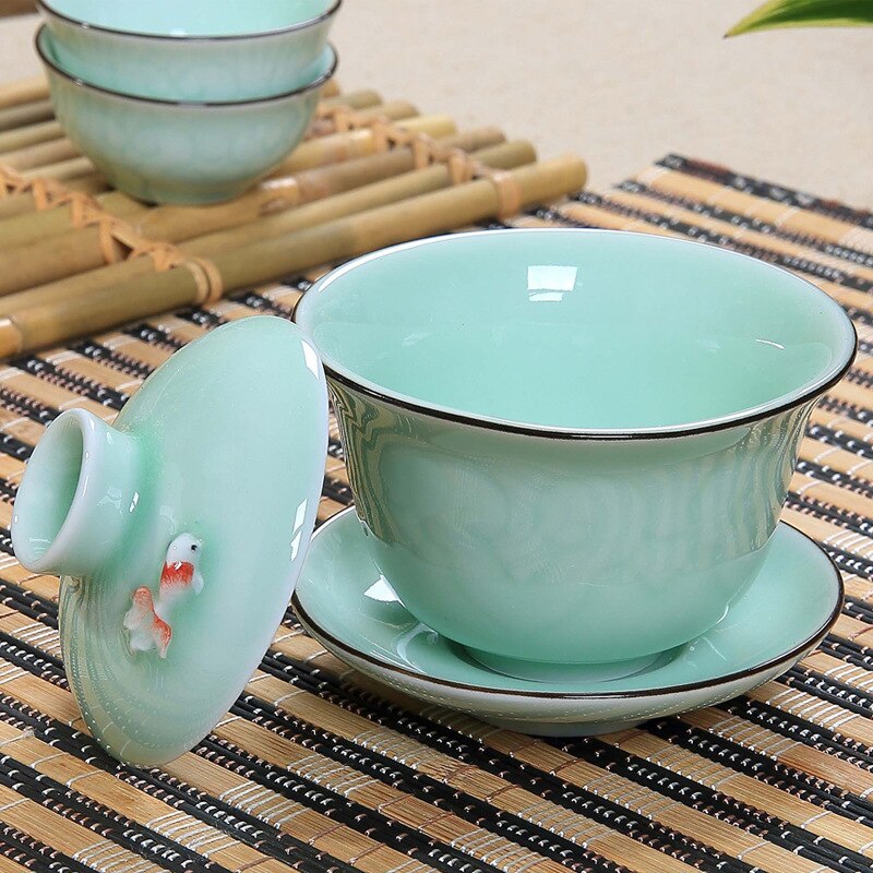 Chinese Celadon fish gai wan tea set,Bone China Tea cup Dehua gaiwan tea porcelain teacup tea set for kettle