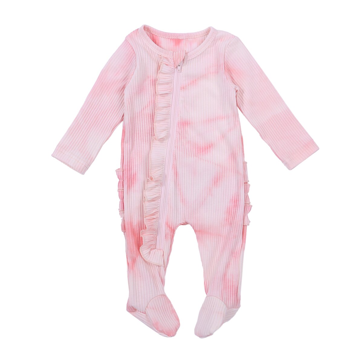 Newborn Baby Girls Boys Ribbed Romper Infant Tie-dye Print Long Sleeve Round Neck Ruffle Footed Zipper Jumpsuit