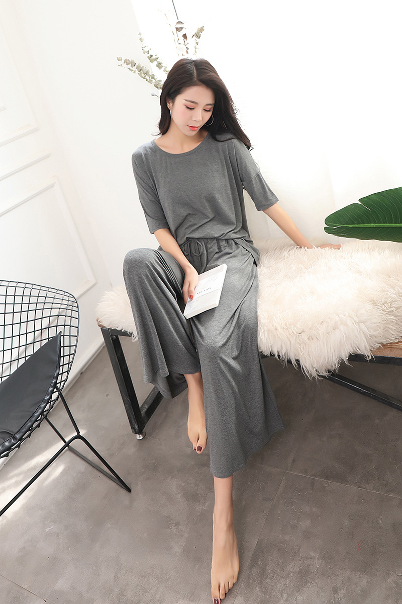 Zwei Stück Set Frauen frühling hause tragen Sets Casual Baumwolle 2 Stück Set Frauen lose T shirt + neun breite bein hosen Nachtwäsche: Dark gray / XXXL