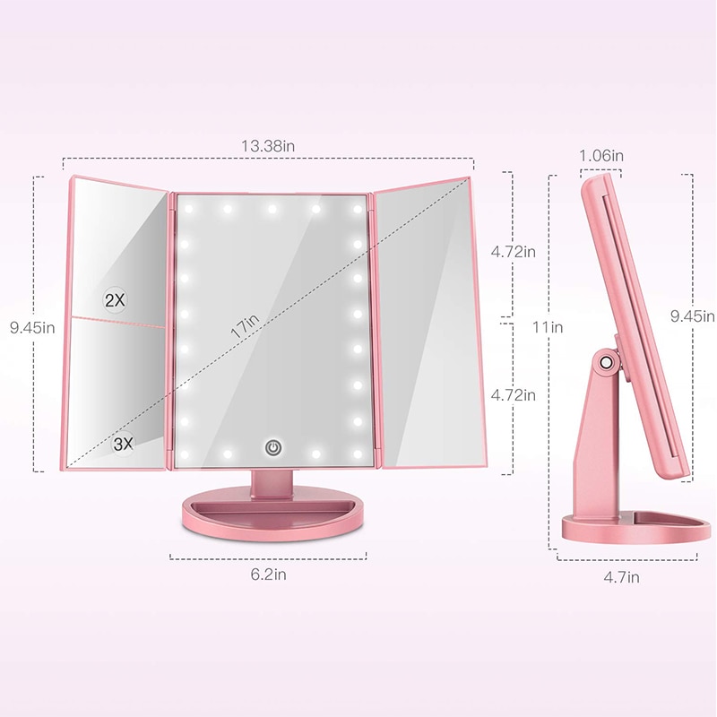 22 LED Touch Screen Light Makeup Mirror Table Desktop Makeup 1X/2X/3X/10X Magnifying Mirrors Vanity 3 Folding Adjustable Mirror