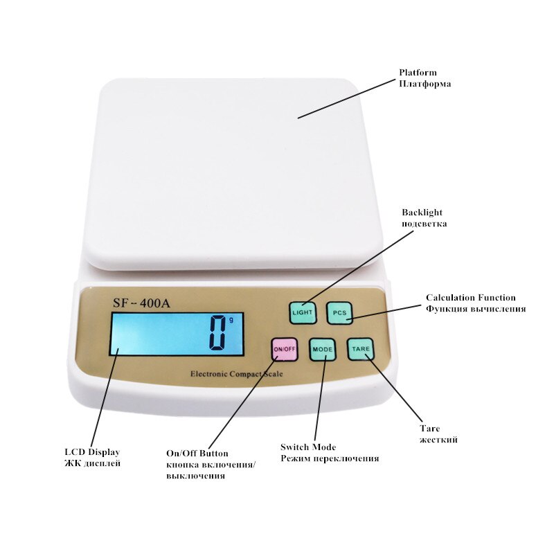 Báscula Digital de cocina, báscula de peso, báscula de equilibrio electrónica, SF-400A botón en inglés, 2/5/10Kg 1g/0,1g
