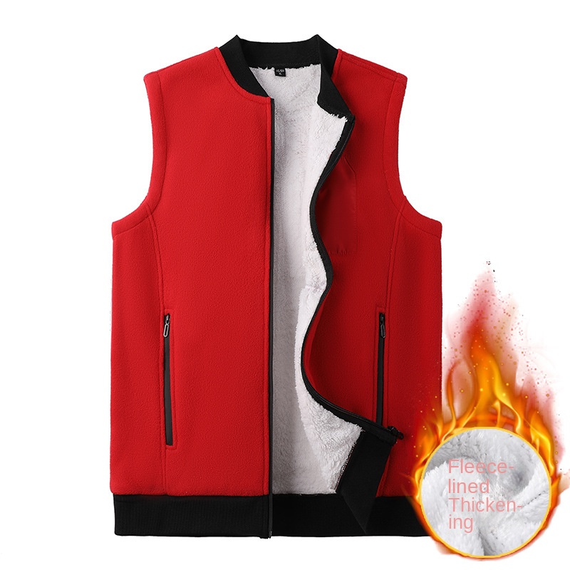 Heren wintervest mouwloos opstaande kraag effen kleur fleece dik warm houden plus maat nekbescherming wintervest voor dagelijks gebruik: L / Rood