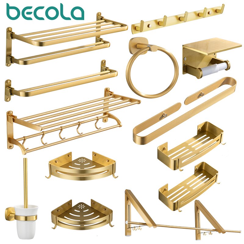 Porte-serviettes mural avec étagère, cintre pour vêtements, salle de bains, or brossé, WC porte-papier, support pour téléphone, porte-papier