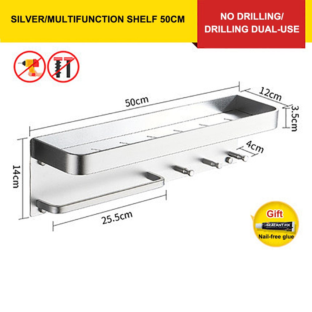 Wall Mount Shower Caddy Holder Bathroom Rack Towel Rail Self Adhesive Bathroom Storage Shelf Kitchen Organizer Rack Wall Shelf: 50cm Silver