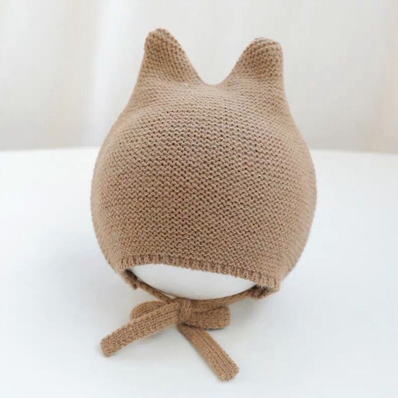 Søt babylue med øre høst vinter spedbarn baby jente gutt lue ensfarget varm strikket pjokk lue for barn: Khaki