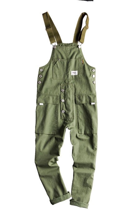 Europe, Japan and Korea street style jumpsuit men's casual retro overalls trend overalls: XXL / green