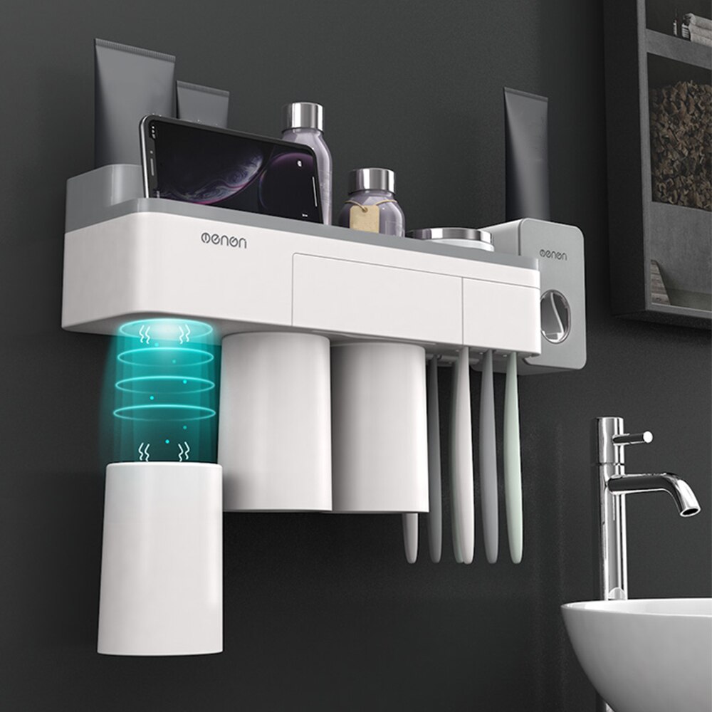 Mengn Toothbrush Rack Wall Mounted Toothbrush Holder Cup Organizer Toothpaste Dispenser Washroom Bathroom Storage Rack Shelf
