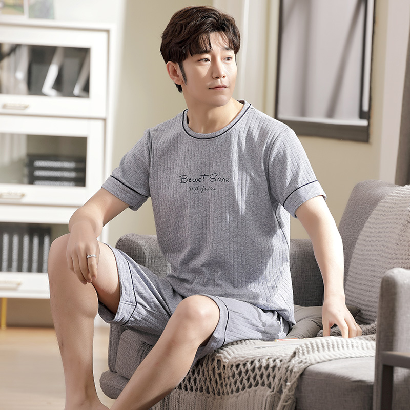 Conjunto de pijamas con letras para hombre, ropa de dormir de algodón de punto de manga corta, traje de casa, talla 4XL, color gris claro, novedad de verano: L