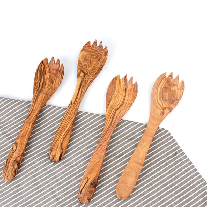 Olijf Houten Lepel Vork 1 Set Real Olivewood Servies Mengen Salade Tool Natuurlijke Salade servers