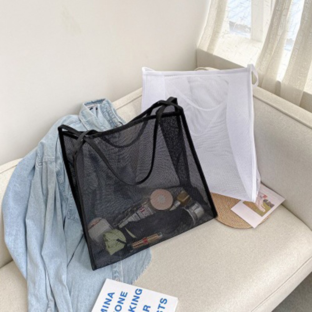 Women Travel Wash Mesh Handbag Summer Toiletry Shopping Bag Tote Bag Organizer Pouch Makeup Transparent Bag