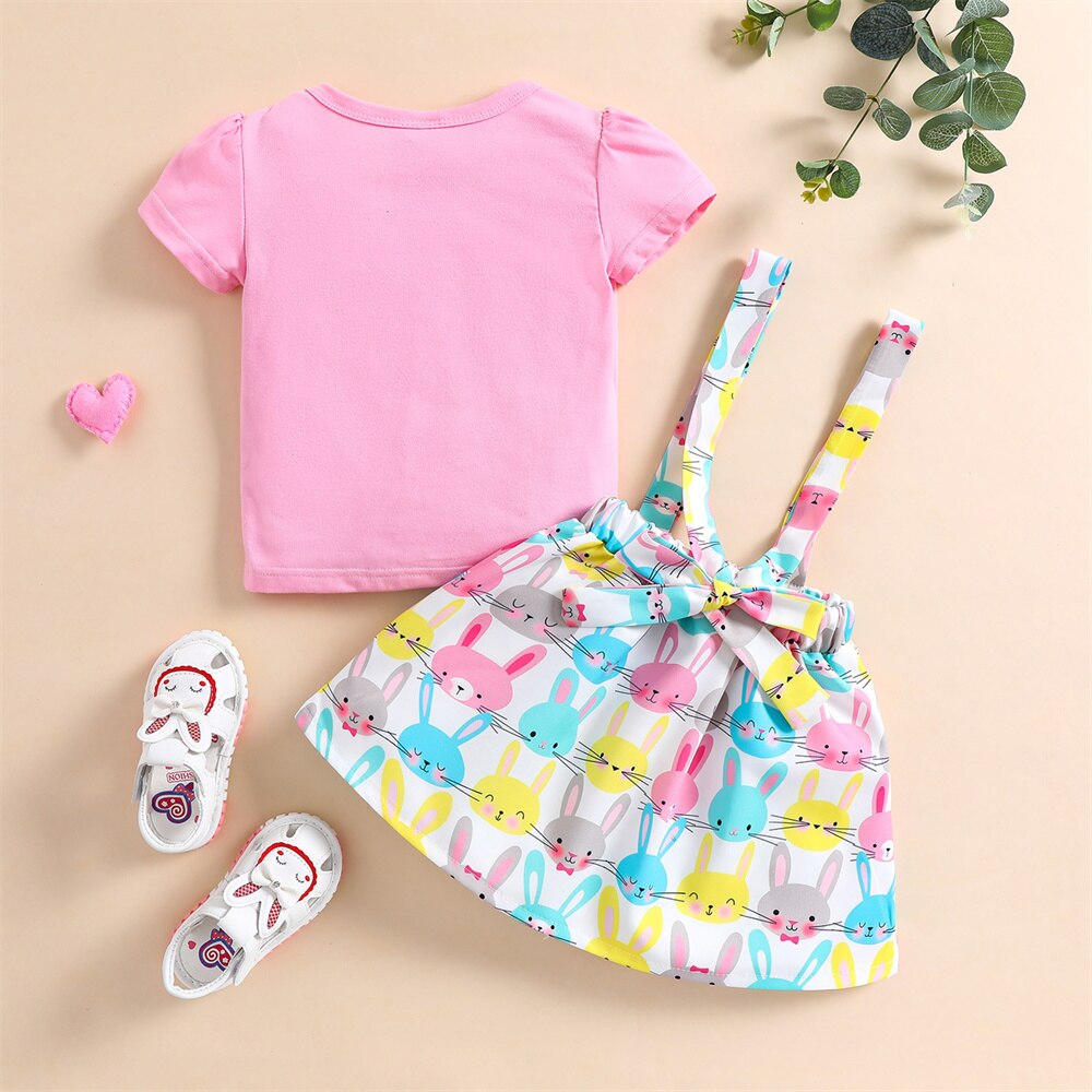 Little Girls 2PCS Easter Skirt Outfits Short Puff Sleeve Letters O-NECK T-Shirt Colorful Rabbit Head Suspender Short Skirt Suits