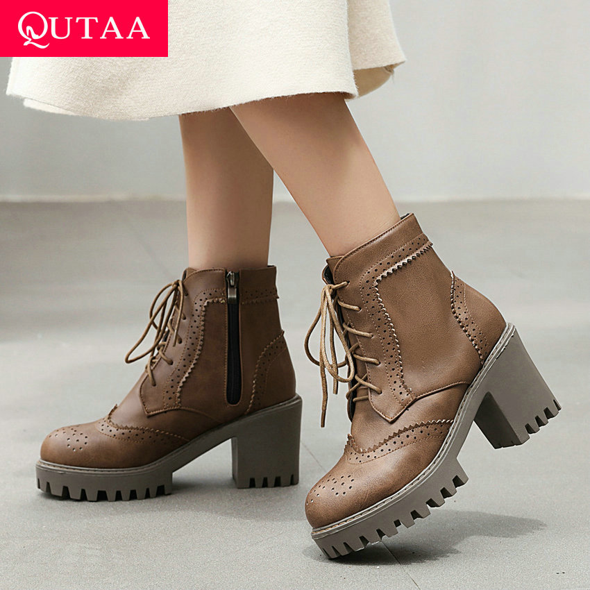 QUTAA Plattform runden Zehe lässig Knöchel Stiefel Platz hoch Hacke kurz Stiefel Spitze hoch Reißverschluss alle Spiel Frauen Schuhe Größe 34-43
