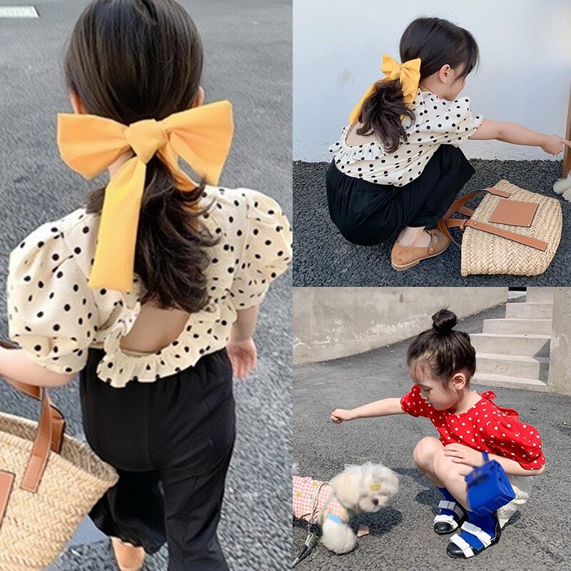 Camisa de lunares para niños y niñas, Blusa de manga corta abombada, Top informal de con Espalda descubierta, trajes para niños de 2 a 7T