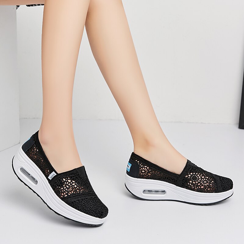 Summer Hollow Out Women's Fitness Shoes Platforms Slip On Breathable Mesh Cushioning Travel Walking Toning Shoes Wedges: Black / 5