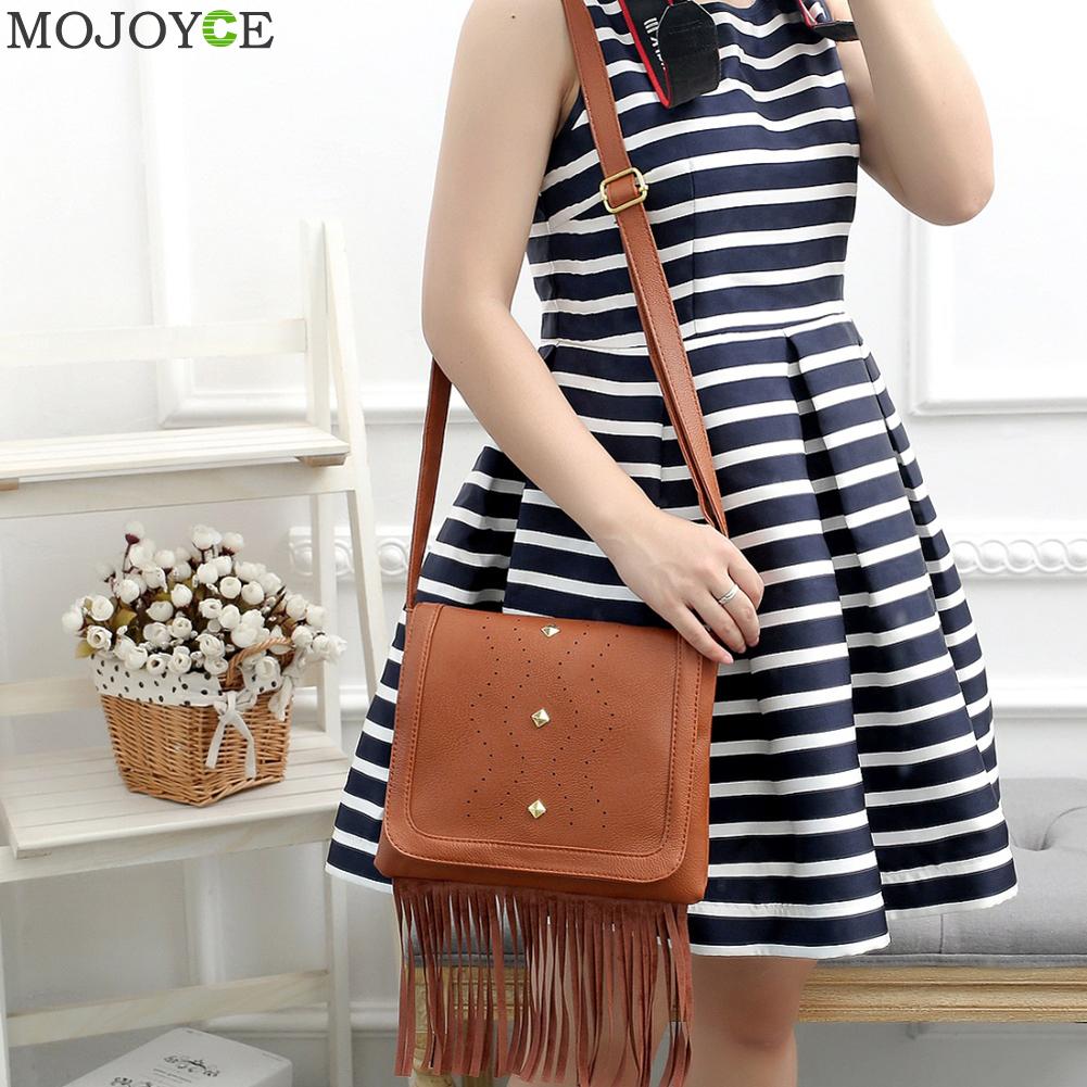 Vintage dames schoudertas met kwastjes, hol, retro, pu-leer, effen kleur, reistassen voor dames