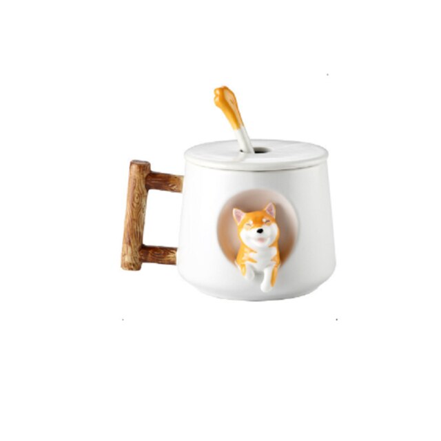 Cartoon Ceramic Mug Cute 3D Shiba Inu Dog Spoon Milk Tea Coffee Cup: green