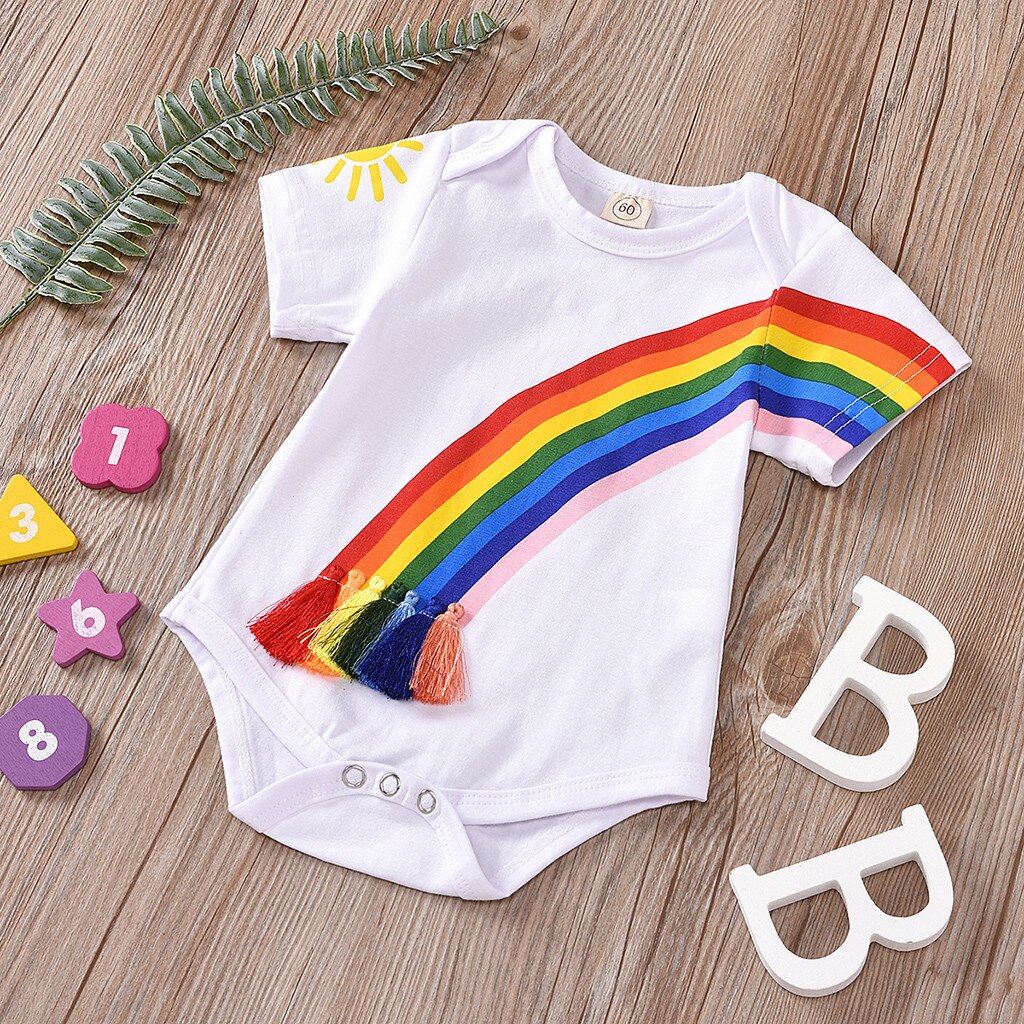 Novo verão bebê macacão recém-nascido infantil meninas meninos moda arco-íris franja impresso borla manga curta bodysuit roupas casuais
