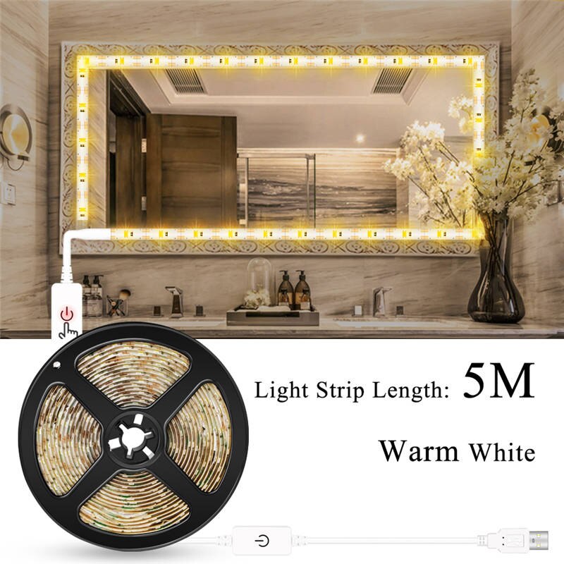 CanLing Vanity Mirror Light USB 5V Touch Switch Dimmable Makeup Mirror Wall Lamp Decor Bathroom Dressing Table Beauty Light Bulb: Warm White 5m