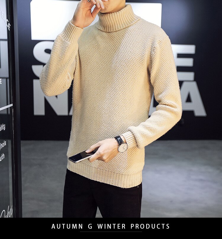 Herre rullekrave uld pullover rummelig efterår vinter tyk solid langærmet blødt tøj strikket afslappet herre sweater pull homme: Khaki / L