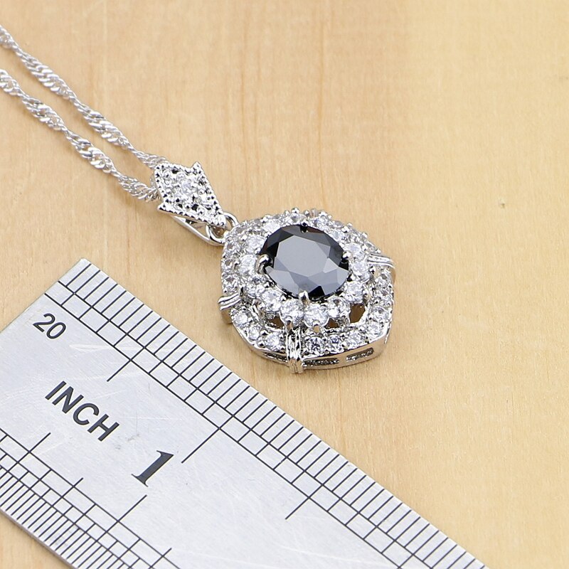 Oval 925 sølvsmykker sort cz hvid cubic zirconia smykkesæt til kvinder fest øreringe / vedhæng / halskæde / ringe / armbånd