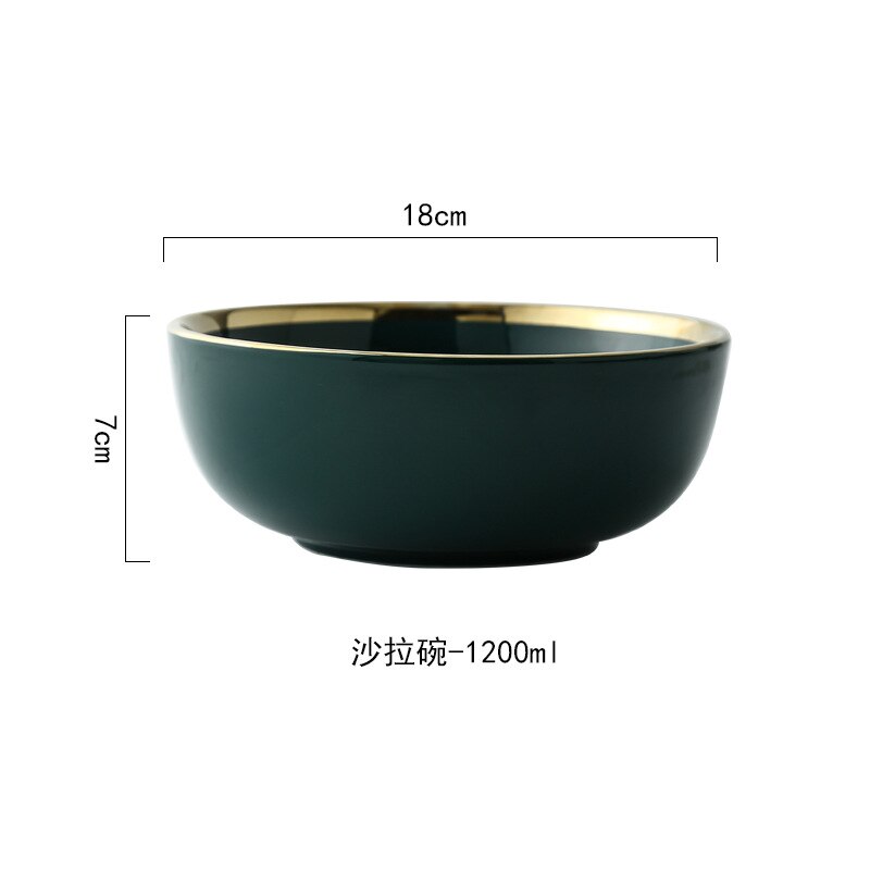 Luxury Plates and Bowls Dish Spoon Dinner Set with Glod Rim Ceramic Salad Ramen Bowl Deep Plate Crockery Green Dinnerware: 7.5 inch large bowl